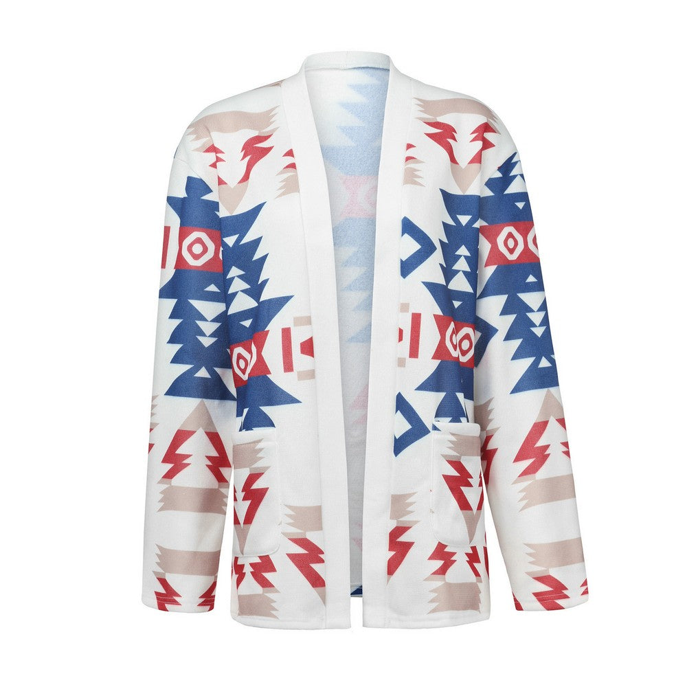 Women Geometric Pattern Open Front Long Sleeve Pocketed Cardigan White