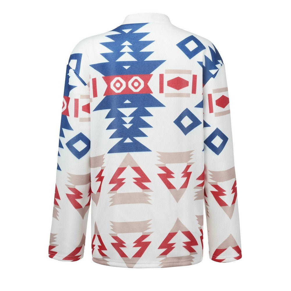 Women Geometric Pattern Open Front Long Sleeve Pocketed Cardigan White
