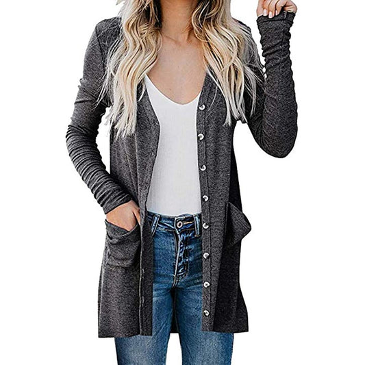 Women Button Down Long Sleeve Pocketed Cardigan