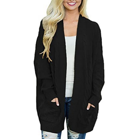 Women Knit Long Sleeve Pocketed Cardigan Black