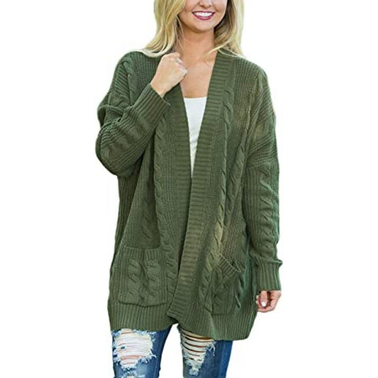Women Knit Long Sleeve Pocketed Cardigan Green