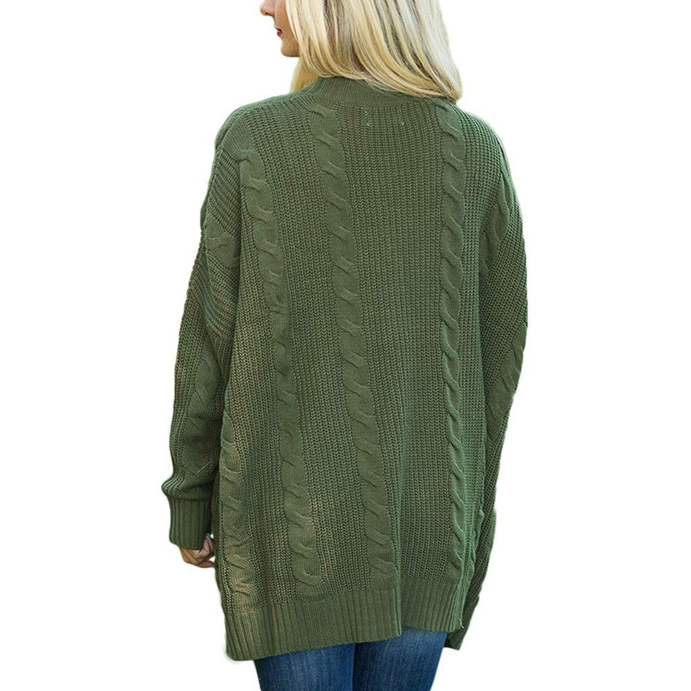 Women Knit Long Sleeve Pocketed Cardigan Green