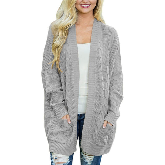 Women Knit Long Sleeve Pocketed Cardigan Grey