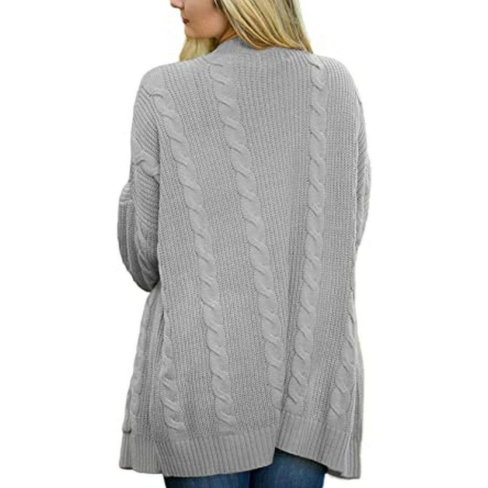 Women Knit Long Sleeve Pocketed Cardigan Grey