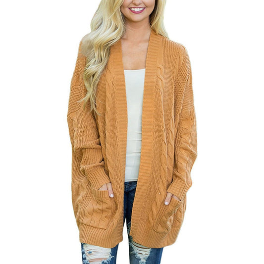 Women Knit Long Sleeve Pocketed Cardigan Yellow