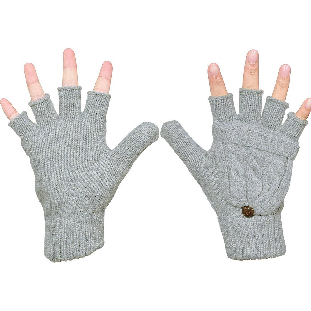 2 Pairs of Unisex Warm Winter Flip Twist Fingerless Gloves One Size Half Finger Convertible Flap Cover Mittens for Men and Women Grey