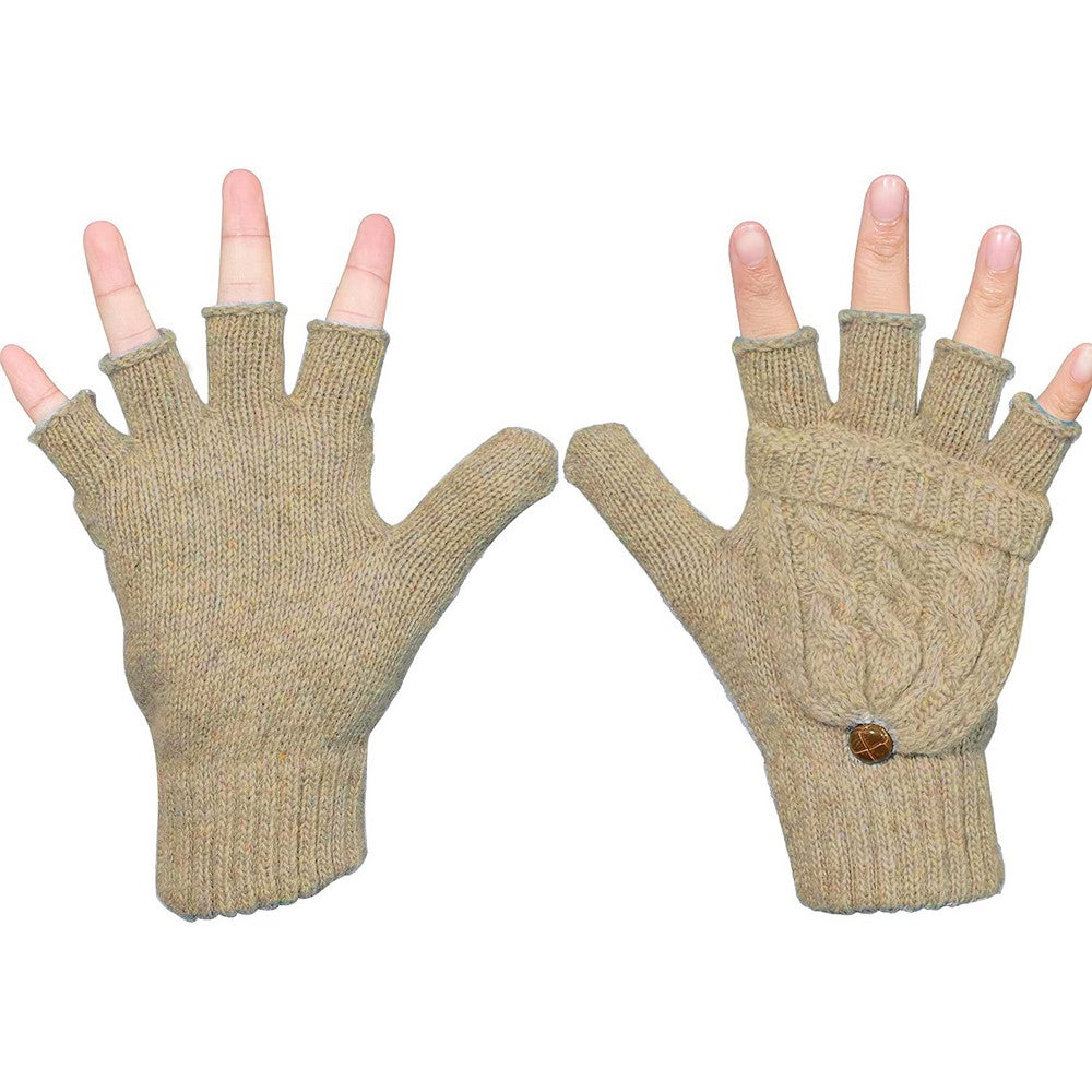 2 Pairs of Unisex Warm Winter Flip Twist Fingerless Gloves One Size Half Finger Convertible Flap Cover Mittens for Men and Women Khaki