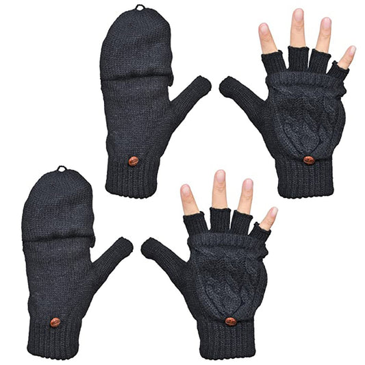 2 Pairs of Unisex Warm Winter Flip Twist Fingerless Gloves One Size Half Finger Convertible Flap Cover Mittens for Men and Women Black
