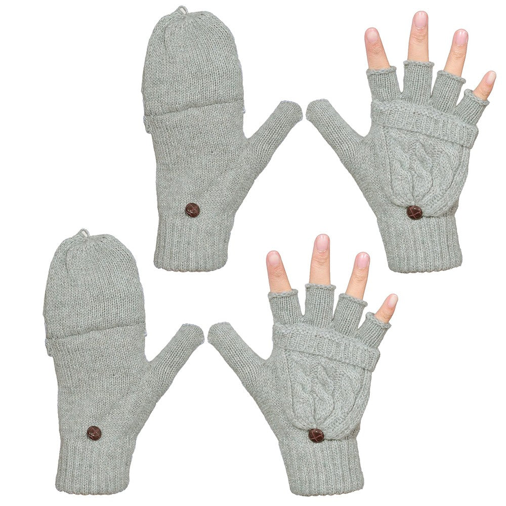 2 Pairs of Unisex Warm Winter Flip Twist Fingerless Gloves One Size Half Finger Convertible Flap Cover Mittens for Men and Women Grey