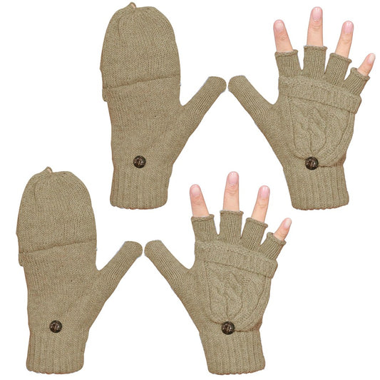 2 Pairs of Unisex Warm Winter Flip Twist Fingerless Gloves One Size Half Finger Convertible Flap Cover Mittens for Men and Women Khaki