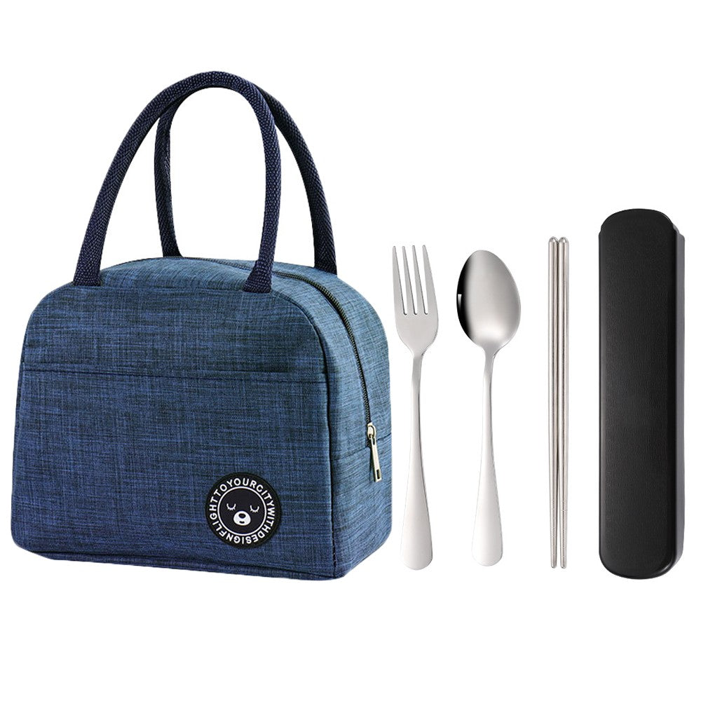 Blue Insulated Lunch Bag and 3 Pieces Stainless Steel Cutlery Fork Spoon Chopsticks Set