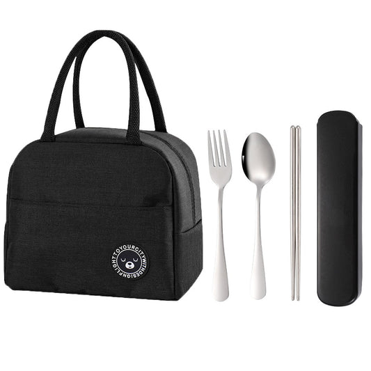 Black Insulated Lunch Bag and 3 Pieces Stainless Steel Cutlery Fork Spoon Chopsticks Set