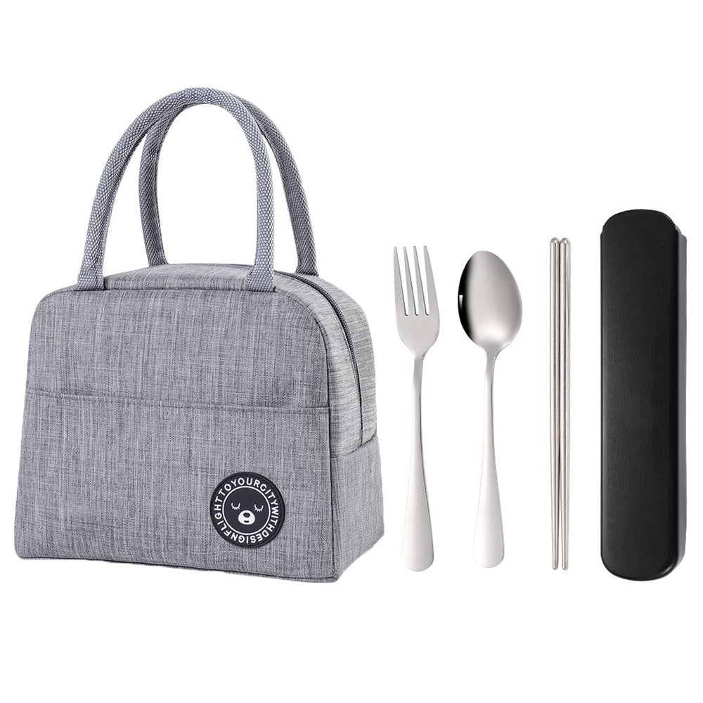 Grey Insulated Lunch Bag and 3 Pieces Stainless Steel Cutlery Fork Spoon Chopsticks Set