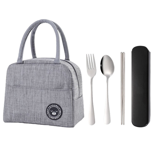 Grey Insulated Lunch Bag and 3 Pieces Stainless Steel Cutlery Fork Spoon Chopsticks Set