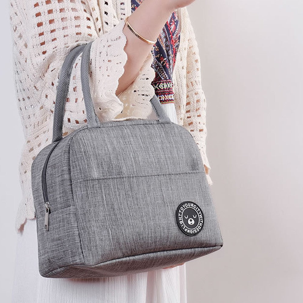 Grey Insulated Lunch Bag and 3 Pieces Stainless Steel Cutlery Fork Spoon Chopsticks Set