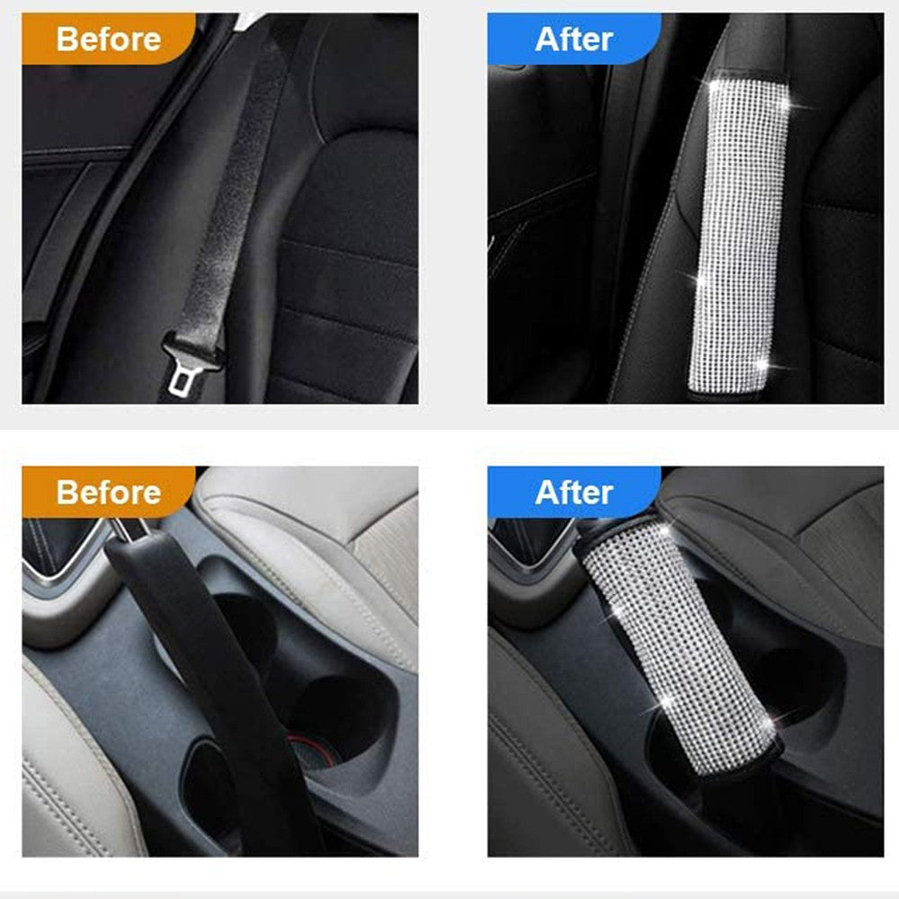 4PCS Bling Rhinestones Seat Belt Covers Handbrake Cover Auto Shift Gear Cover Car Accessories Set Auto Interior Decoration Kit