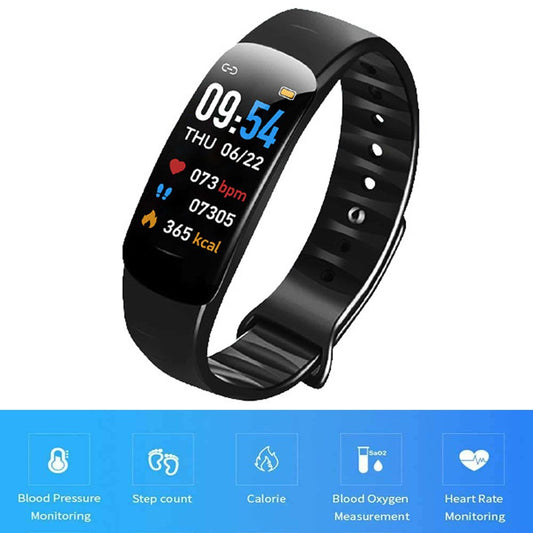 C1Plus Smart Bracelet Water Resistant Fitness Tracker Heart Rate Blood Pressure Monitor Smart Watch Black