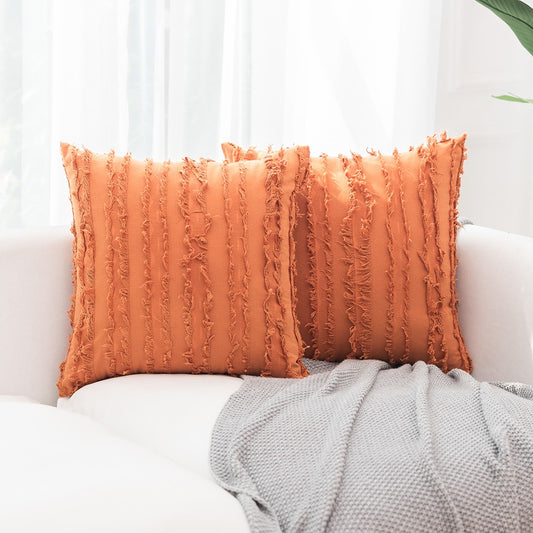 2PCS 45 x 45CM Home Decorative Tassels Design Boho Throw Pillow Cases Cotton Linen Striped Cushion Covers for Sofa Couch Living Room Bedroom Orange