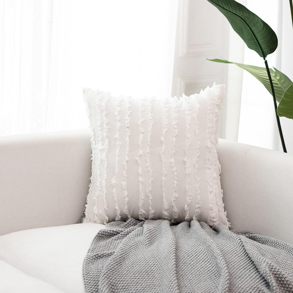 4PCS 45 x 45CM Home Decorative Tassels Design Boho Throw Pillow Cases Cotton Linen Striped Cushion Covers for Sofa Couch Living Room Bedroom White