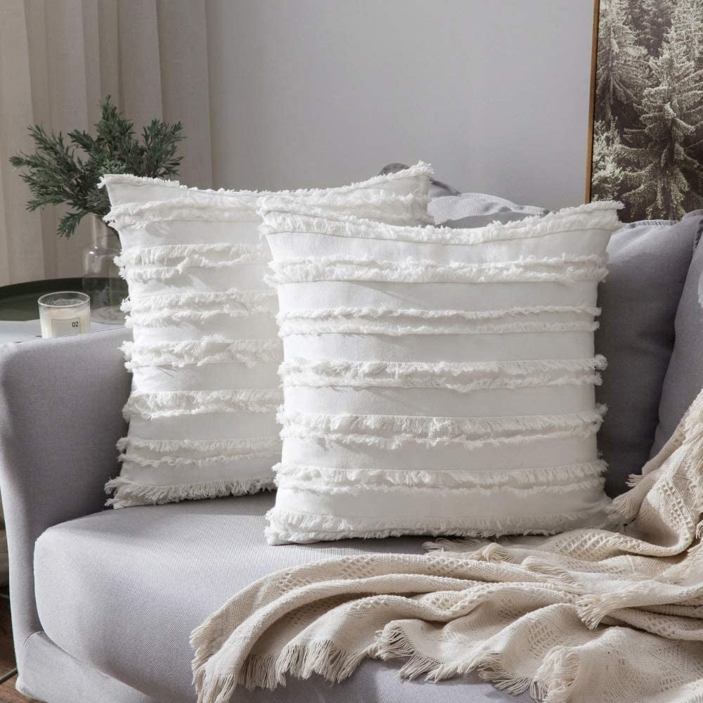 4PCS 45 x 45CM Home Decorative Tassels Design Boho Throw Pillow Cases Cotton Linen Striped Cushion Covers for Sofa Couch Living Room Bedroom White