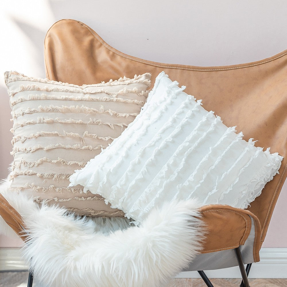 4PCS 45 x 45CM Home Decorative Tassels Design Boho Throw Pillow Cases Cotton Linen Striped Cushion Covers for Sofa Couch Living Room Bedroom White