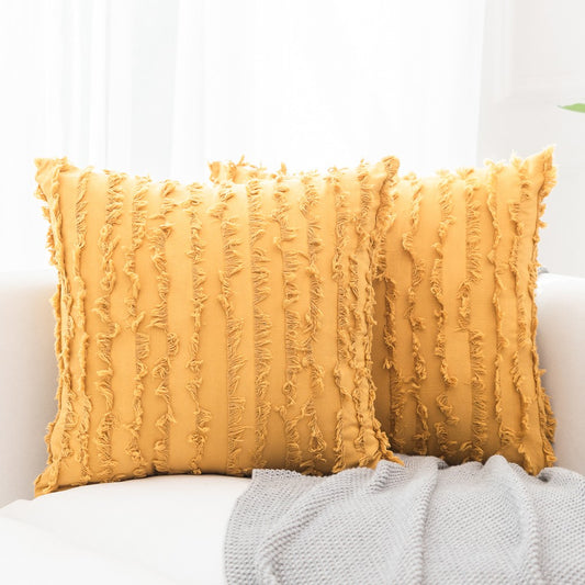 2PCS 45 x 45CM Home Decorative Tassels Design Boho Throw Pillow Cases Cotton Linen Striped Cushion Covers for Sofa Couch Living Room Bedroom Yellow