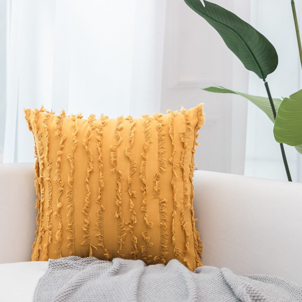 2PCS 45 x 45CM Home Decorative Tassels Design Boho Throw Pillow Cases Cotton Linen Striped Cushion Covers for Sofa Couch Living Room Bedroom Yellow