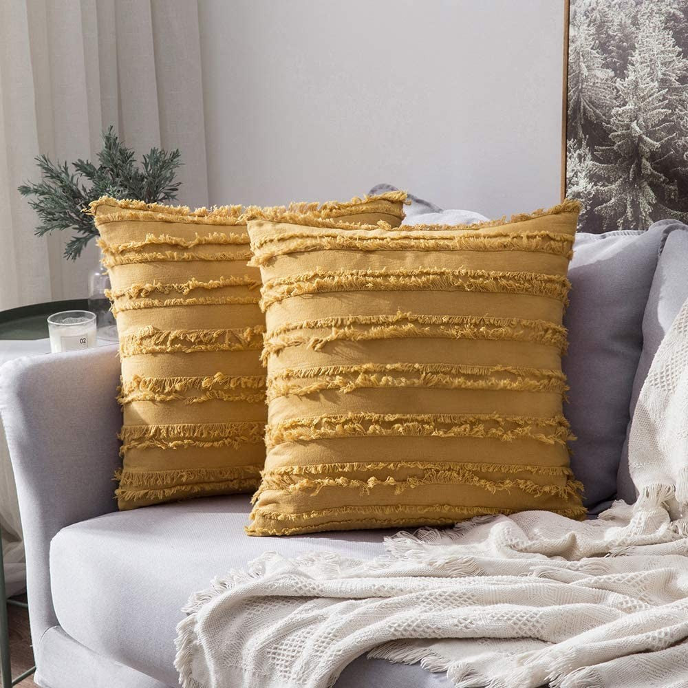 2PCS 45 x 45CM Home Decorative Tassels Design Boho Throw Pillow Cases Cotton Linen Striped Cushion Covers for Sofa Couch Living Room Bedroom Yellow