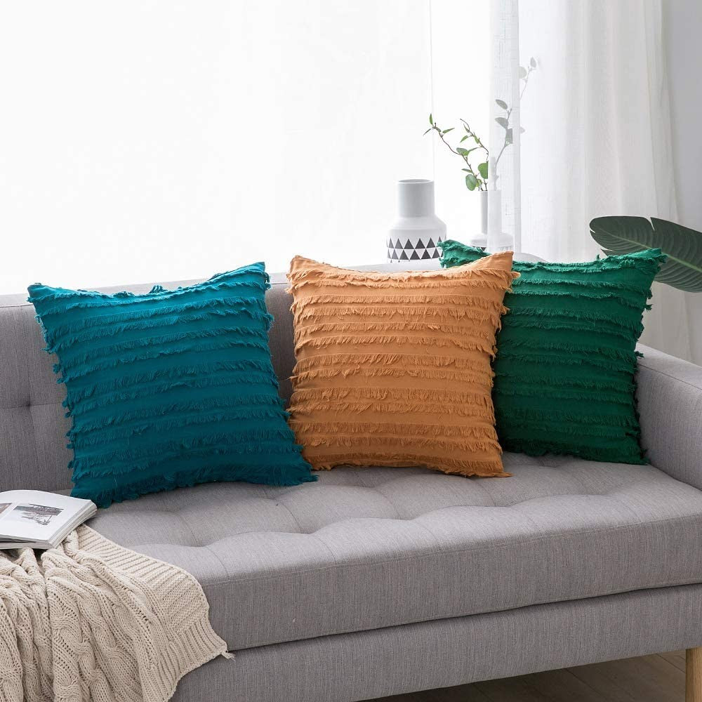 2PCS 45 x 45CM Home Decorative Tassels Design Boho Throw Pillow Cases Cotton Linen Striped Cushion Covers for Sofa Couch Living Room Bedroom Yellow