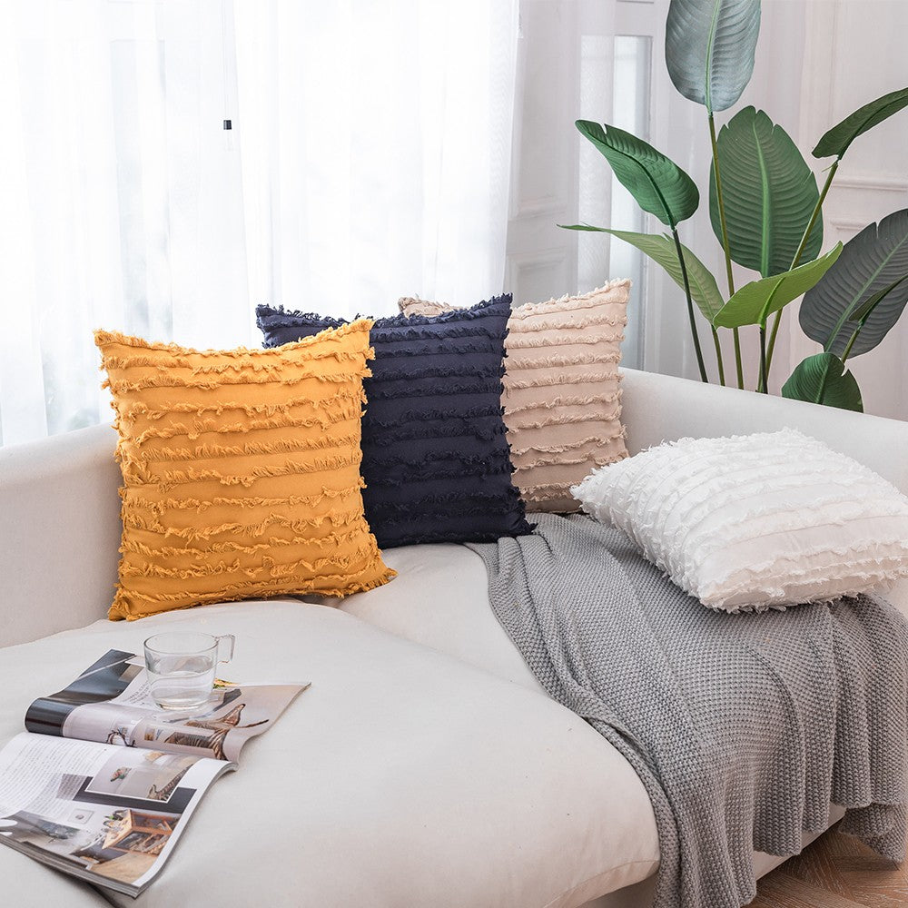 2PCS 45 x 45CM Home Decorative Tassels Design Boho Throw Pillow Cases Cotton Linen Striped Cushion Covers for Sofa Couch Living Room Bedroom Yellow
