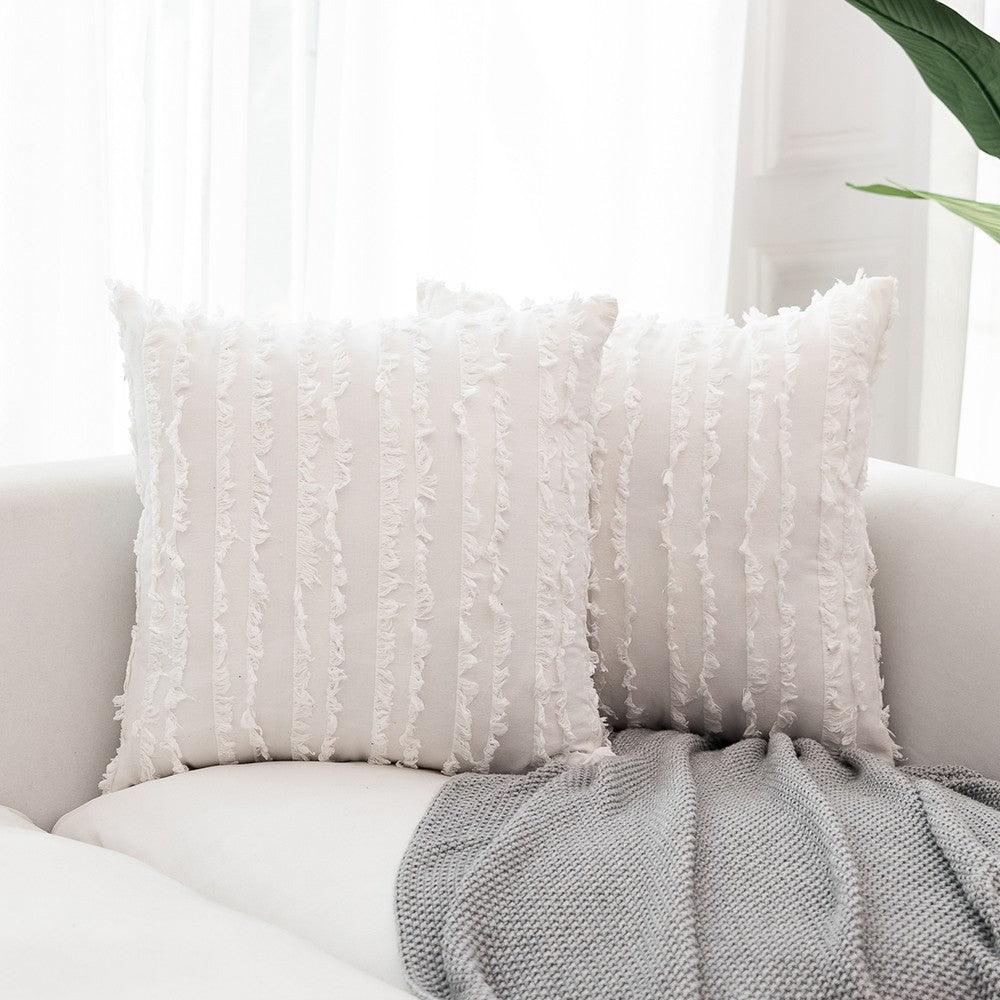 4PCS 45 x 45CM Home Decorative Tassels Design Boho Throw Pillow Cases Cotton Linen Striped Cushion Covers for Sofa Couch Living Room Bedroom White