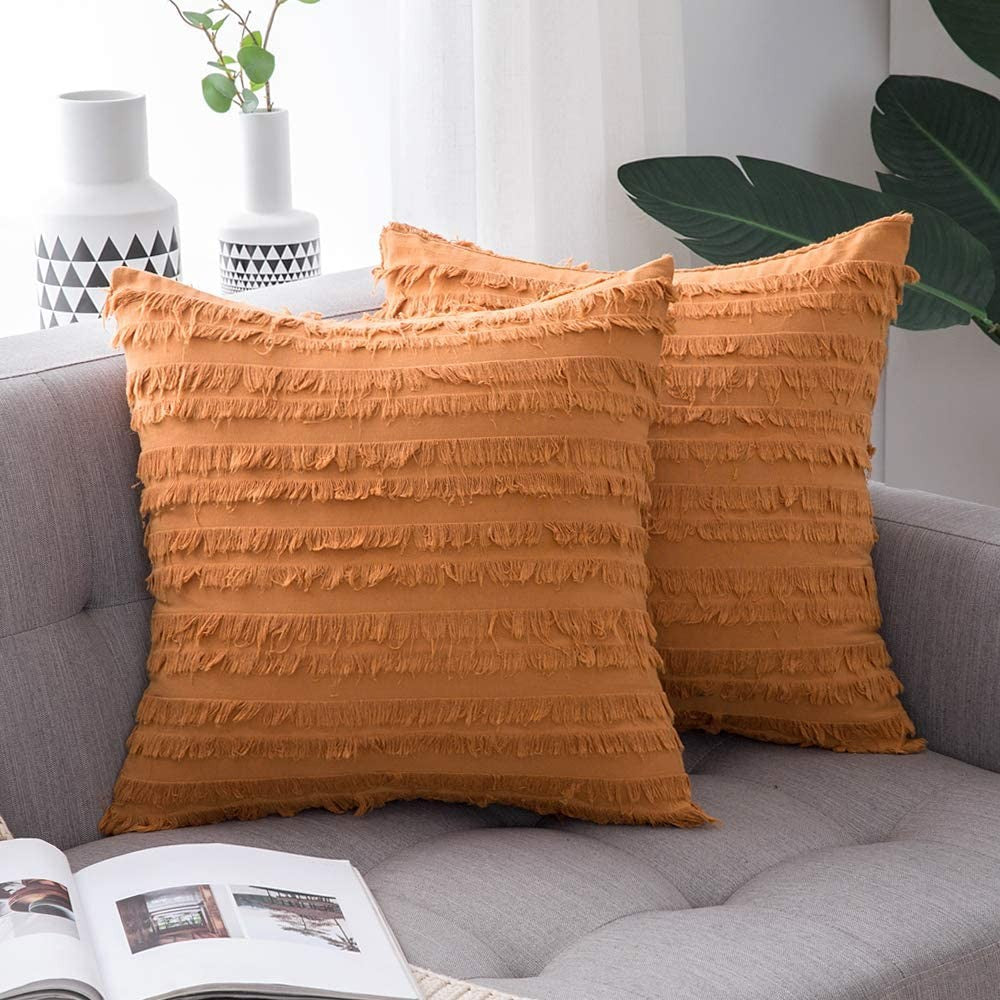 4PCS 45 x 45CM Home Decorative Tassels Design Boho Throw Pillow Cases Cotton Linen Striped Cushion Covers for Sofa Couch Living Room Bedroom Orange