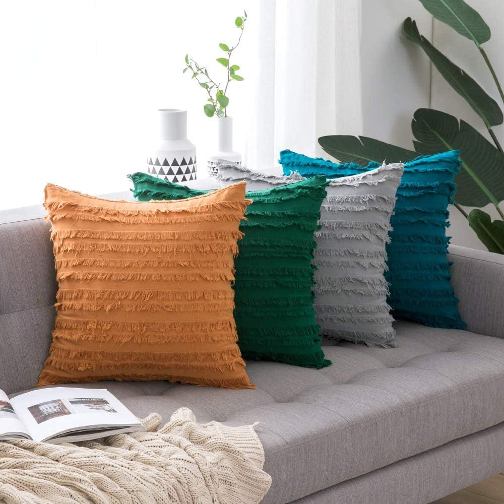 4PCS 45 x 45CM Home Decorative Tassels Design Boho Throw Pillow Cases Cotton Linen Striped Cushion Covers for Sofa Couch Living Room Bedroom Orange
