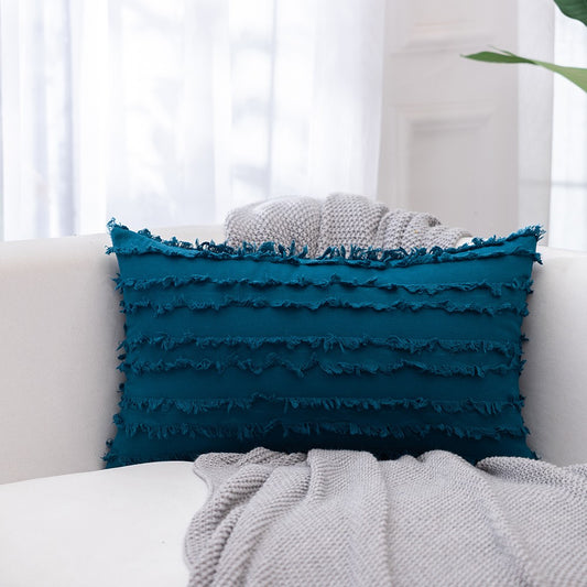 2PCS 30 x 50CM Home Decorative Tassels Design Boho Throw Pillow Cases Cotton Linen Striped Cushion Covers for Sofa Couch Living Room Bedroom Blue
