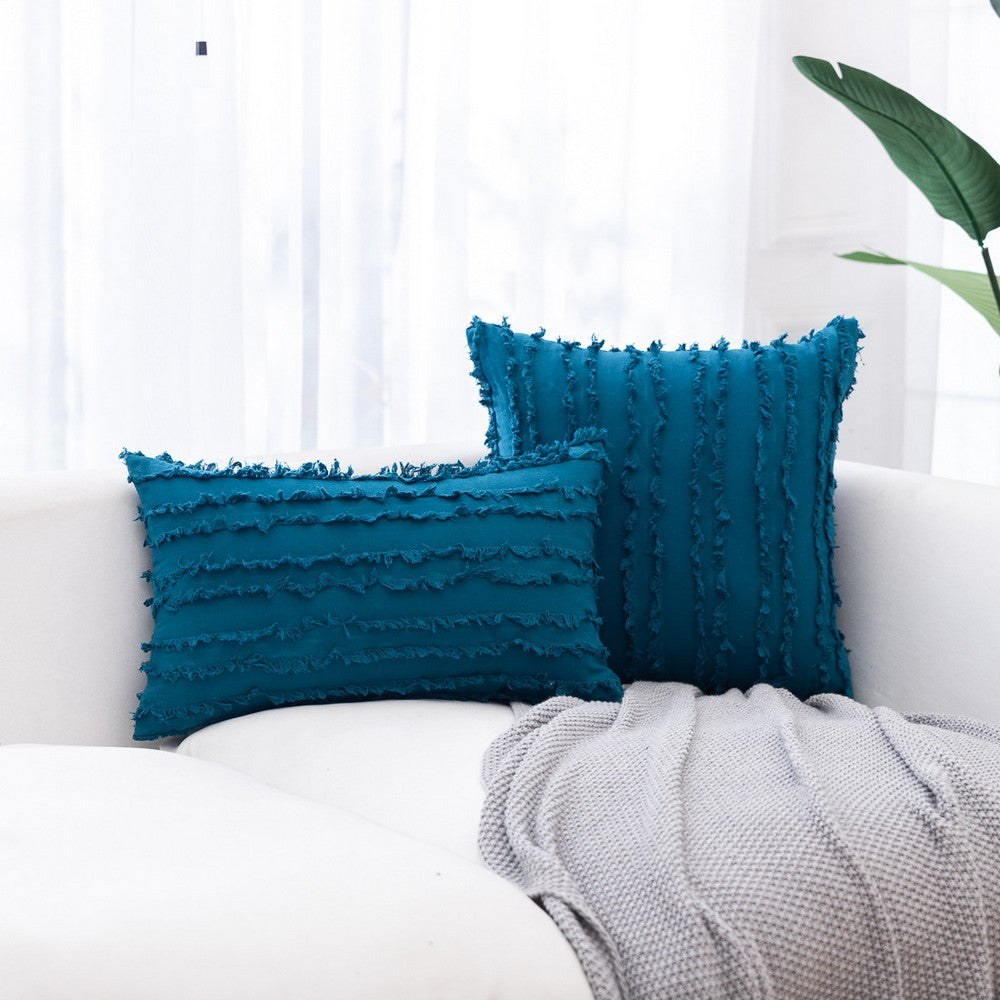 4PCS 30 x 50CM Home Decorative Tassels Design Boho Throw Pillow Cases Cotton Linen Striped Cushion Covers for Sofa Couch Living Room Bedroom Blue