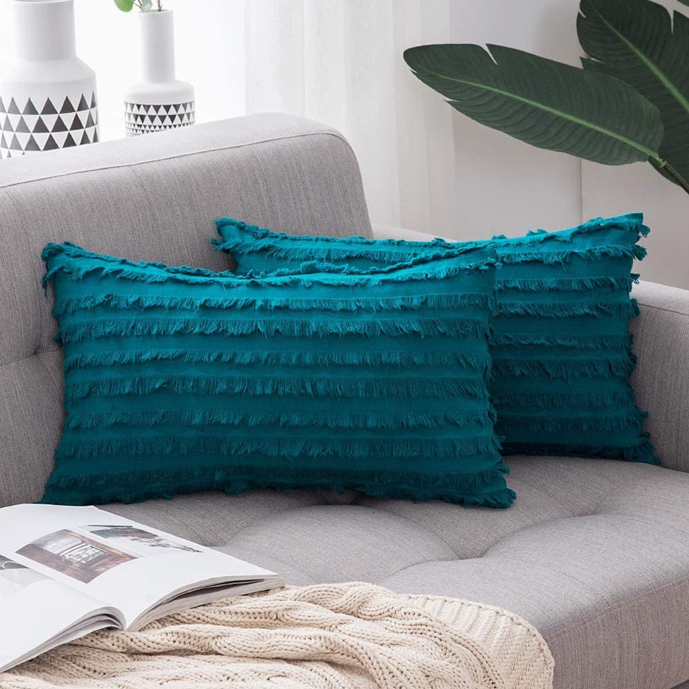 4PCS 30 x 50CM Home Decorative Tassels Design Boho Throw Pillow Cases Cotton Linen Striped Cushion Covers for Sofa Couch Living Room Bedroom Blue