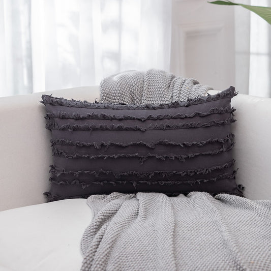 2PCS 30 x 50CM Home Decorative Tassels Design Boho Throw Pillow Cases Cotton Linen Striped Cushion Covers for Sofa Couch Living Room Bedroom Grey