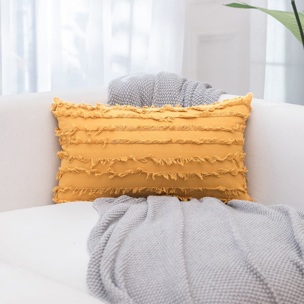 2PCS 30 x 50CM Home Decorative Tassels Design Boho Throw Pillow Cases Cotton Linen Striped Cushion Covers for Sofa Couch Living Room Bedroom Yellow