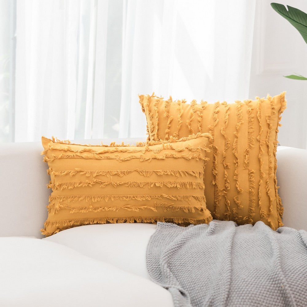 2PCS 30 x 50CM Home Decorative Tassels Design Boho Throw Pillow Cases Cotton Linen Striped Cushion Covers for Sofa Couch Living Room Bedroom Yellow