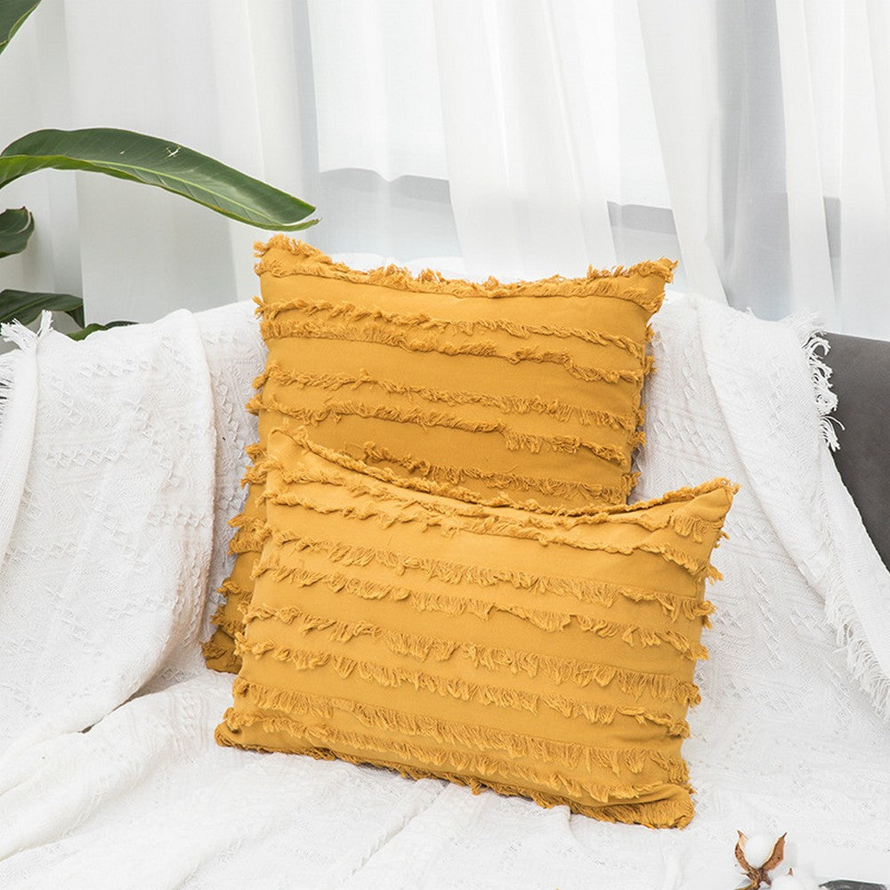 2PCS 30 x 50CM Home Decorative Tassels Design Boho Throw Pillow Cases Cotton Linen Striped Cushion Covers for Sofa Couch Living Room Bedroom Yellow
