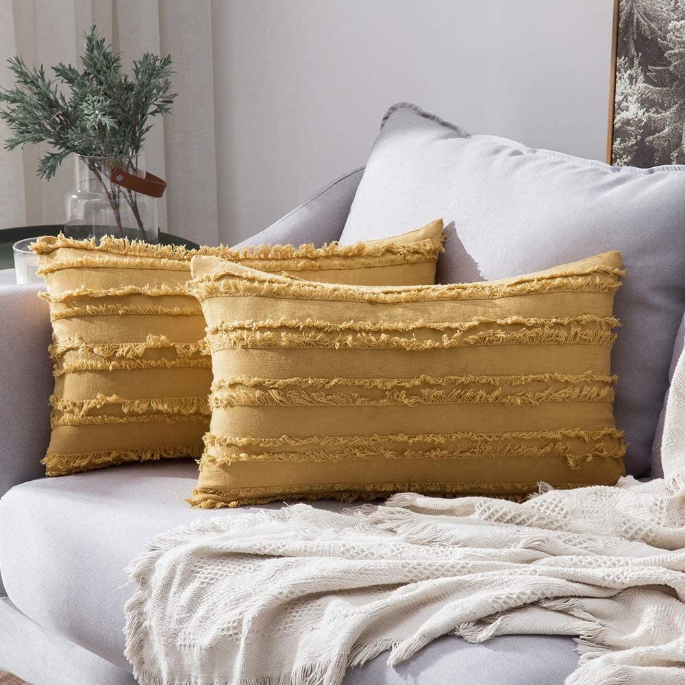 2PCS 30 x 50CM Home Decorative Tassels Design Boho Throw Pillow Cases Cotton Linen Striped Cushion Covers for Sofa Couch Living Room Bedroom Yellow