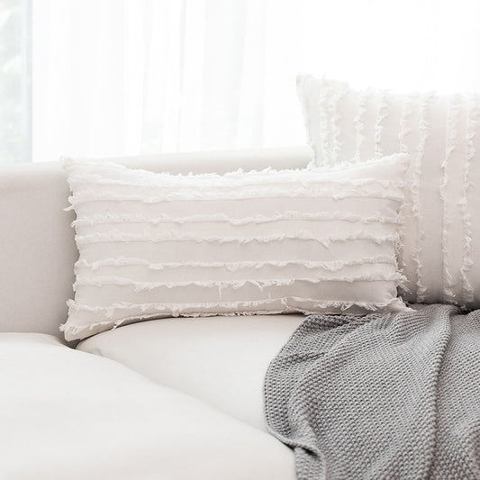 4PCS 30 x 50CM Home Decorative Tassels Design Boho Throw Pillow Cases Cotton Linen Striped Cushion Covers for Sofa Couch Living Room Bedroom White