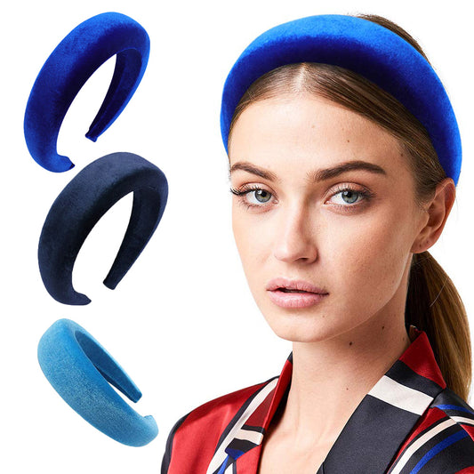 3Pcs Women Headbands Velvet Vintage 90s Hair Accessories Padded Wide Thick Hairbands Royal Blue Light Blue Navy