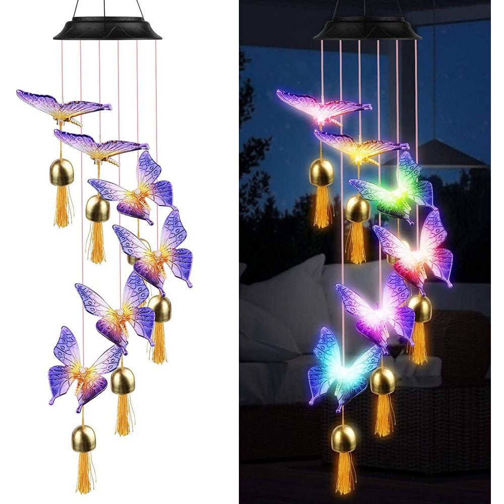 Solar Power Light Butterfly Bell LED Wind Chimes Home Decor