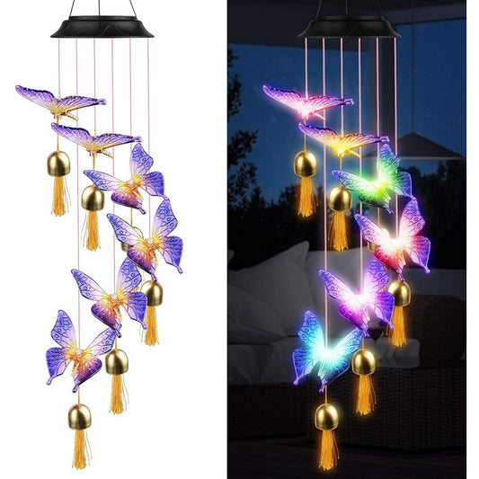 Solar Power Light Butterfly Bell LED Wind Chimes Home Decor