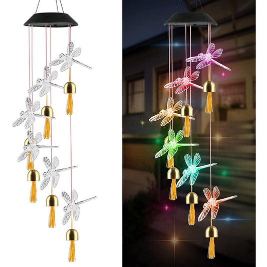 Solar Power Light Dragonfly Bell LED Wind Chimes Home Decor