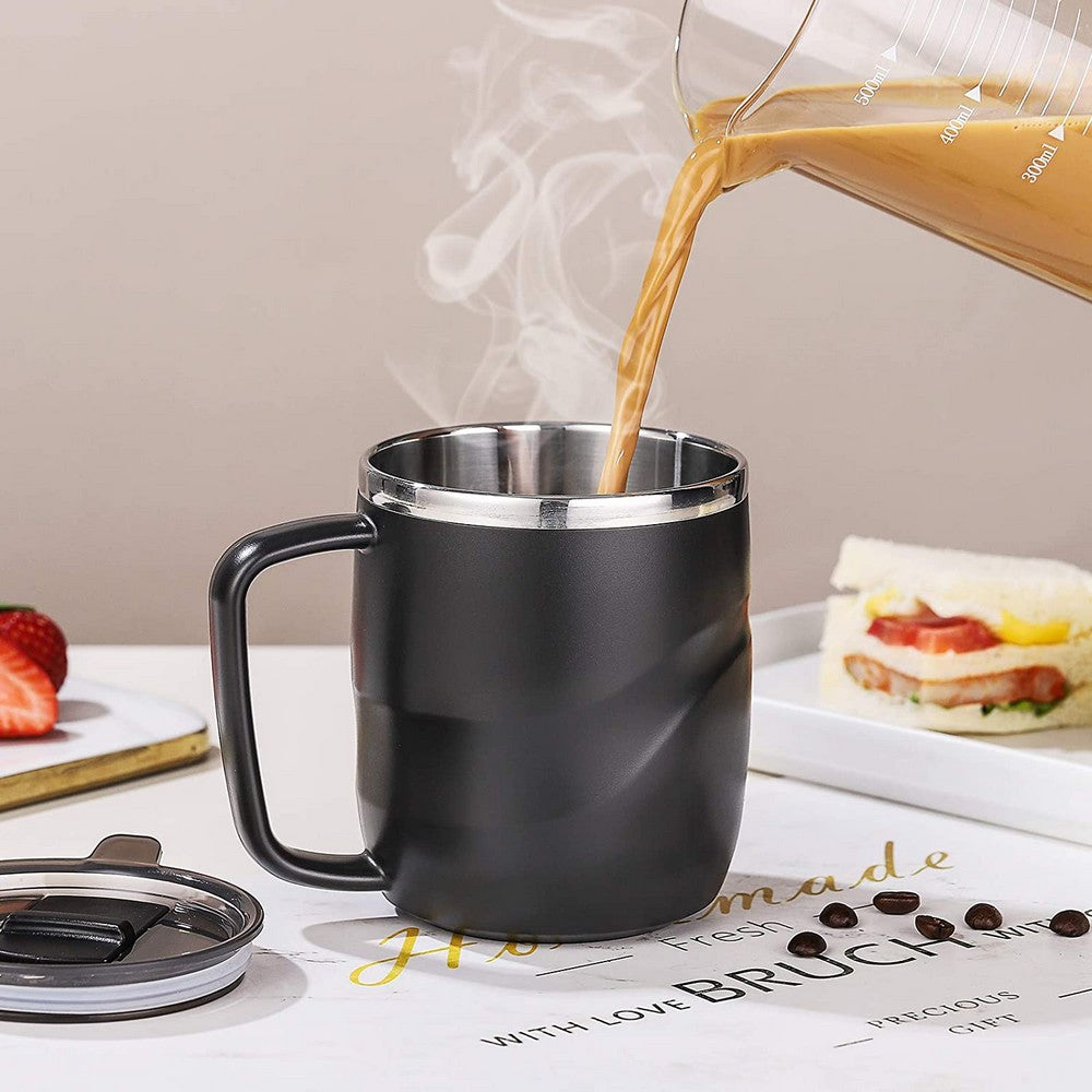 2X Black White Stainless Steel Coffee Mug Coffee Drinking Cup with Lid