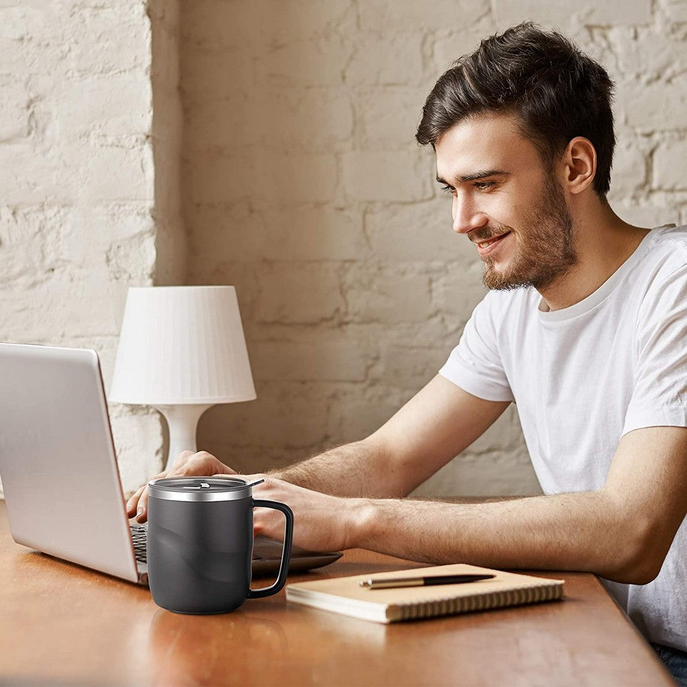 2X Black White Stainless Steel Coffee Mug Coffee Drinking Cup with Lid