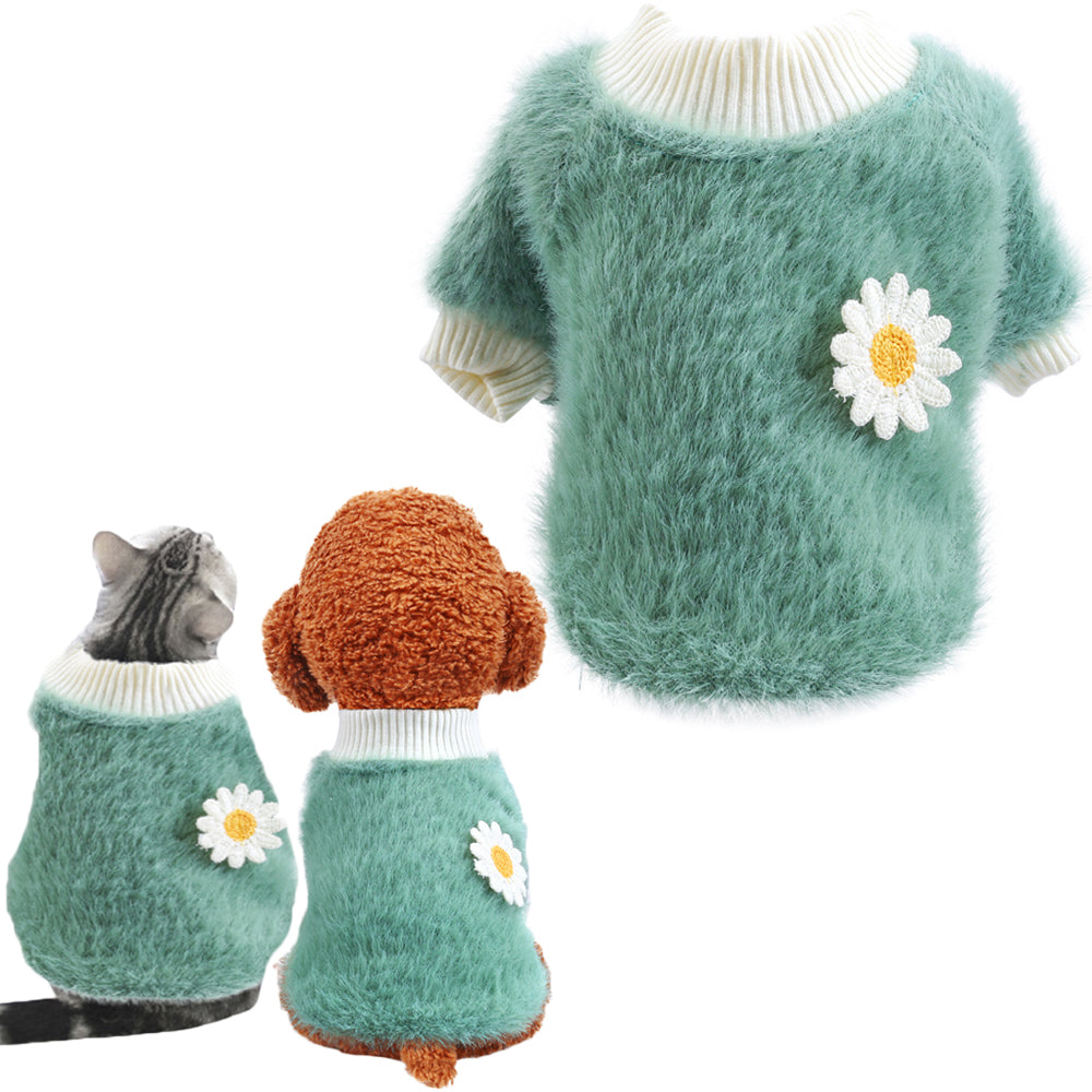 M Green Daisy Design Pet Turtleneck Pullover Clothes Winter Soft Plush Clothes for Cat Dog Puppy