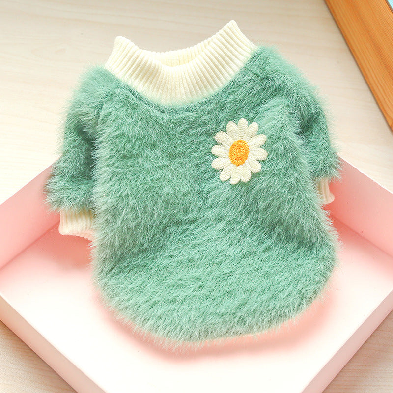 M Green Daisy Design Pet Turtleneck Pullover Clothes Winter Soft Plush Clothes for Cat Dog Puppy